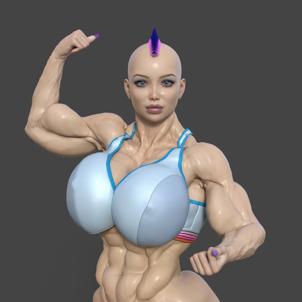 Alyx a muscular 19 year old with a very toned body, big lips, and attractive figure.