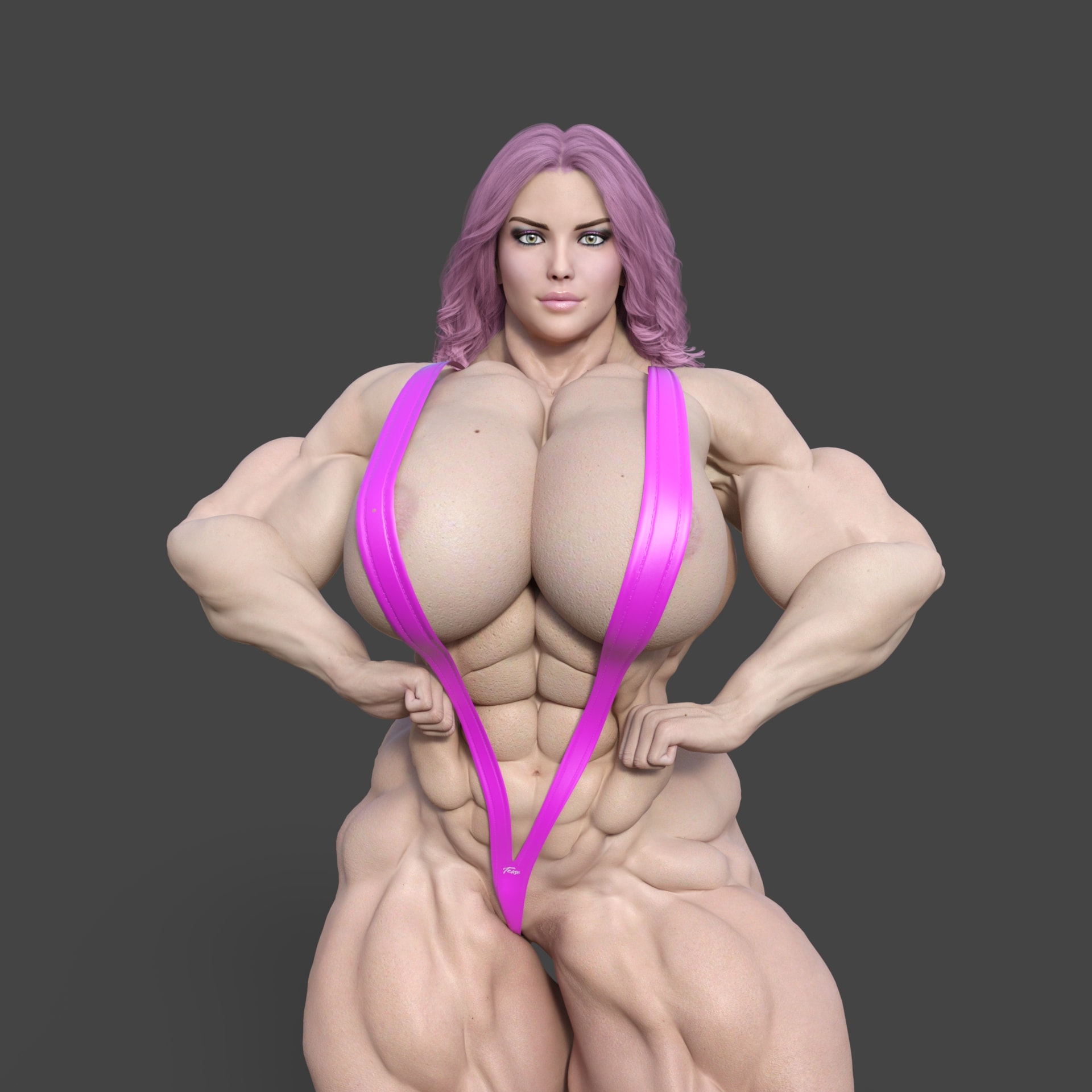Candy a cute muscular girl with pink hair.